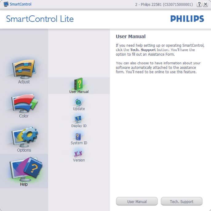 All other SmartControl Lite tabs are not available. Help>User Manual - Will only be active when selecting User Manual from the drop-down Help menu.
