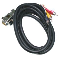 The cable has a 15-pole Sub-D connector at one end and 2x 3- way Cinch/RCA connectors at the other end.