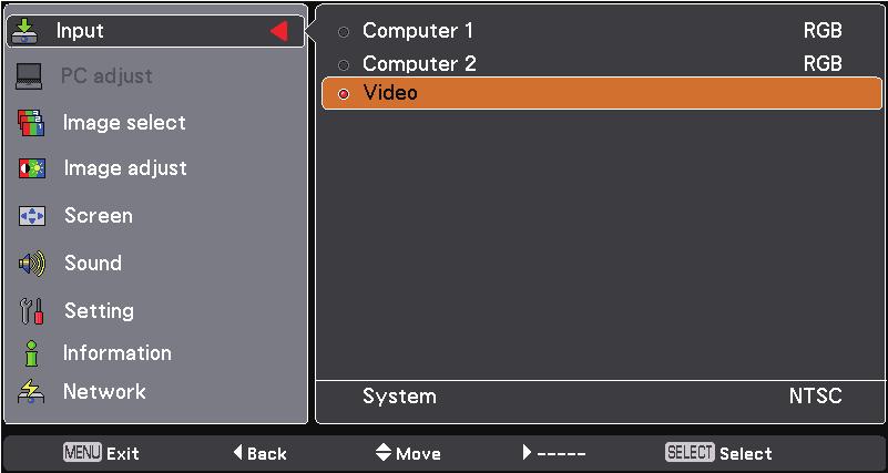 Direct Operation Video Input Input Source Selection (Video, S-video) Choose Video or S-video by pressing the VIDEO or the S-VIDEO button on the remote control.