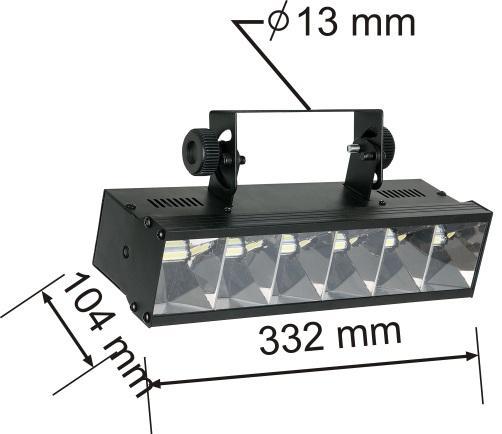 DMX-controlled DMX channels: 3 or 8 channels Dimmer: 0-100% Strobe: 0-20Hz Compact strong metal housing Cooling: Aluminum Housing Control: Built-in Programs, Sound-controlled, Master/Slave, DMX