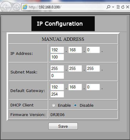 IP Configuration Utility The IP Configuration utility can be used to change the IP Address, Subnet and Gateway. DHCP can also be switched on or off.