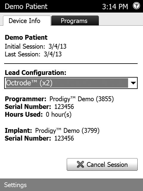 Figure 25: The Programs screen 5. If needed, in the Device Info tab, tap (edit) next to the patient s name. The Patient Details screen appears, which displays the Patient Info and Comments tabs.