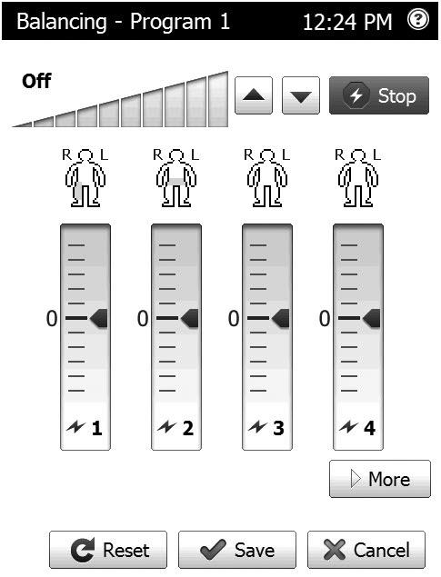 Figure 38: The Balancing screen 3. Tap the Increase button beside the master amplitude box. The amplitude ramps up to the perception value (Perc). NOTE: To stop stimulation, tap Stop.