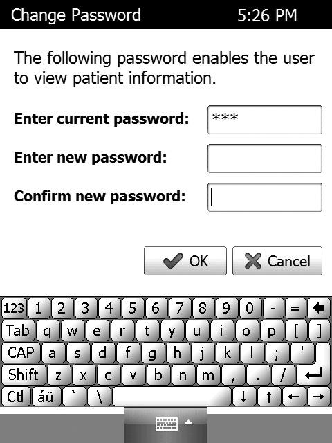 Changing the Password for the Patient Database To change the password for the patient database, follow these steps: 1. On the Patients screen, tap Database, and then tap Change Password.