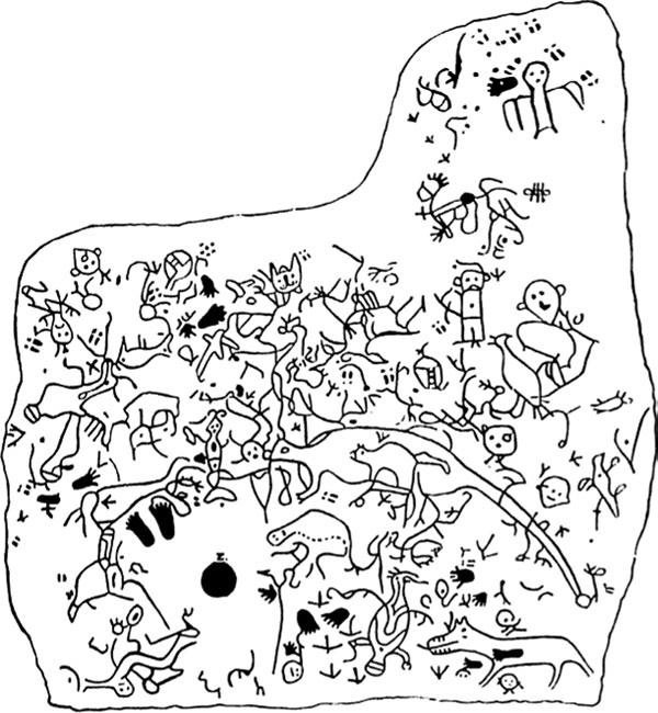 Preliminaries: An Iconography of Prehistoric Images 5 figure 1. Petroglyph tableau near Millsboro, Pennsylvania (Mallery 1893:fig. 76, p. 111).