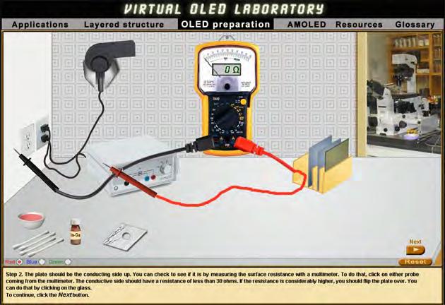 Figure 3. Screenshot of the virtual experiment, that enables students to prepare and test a simple OLED online.