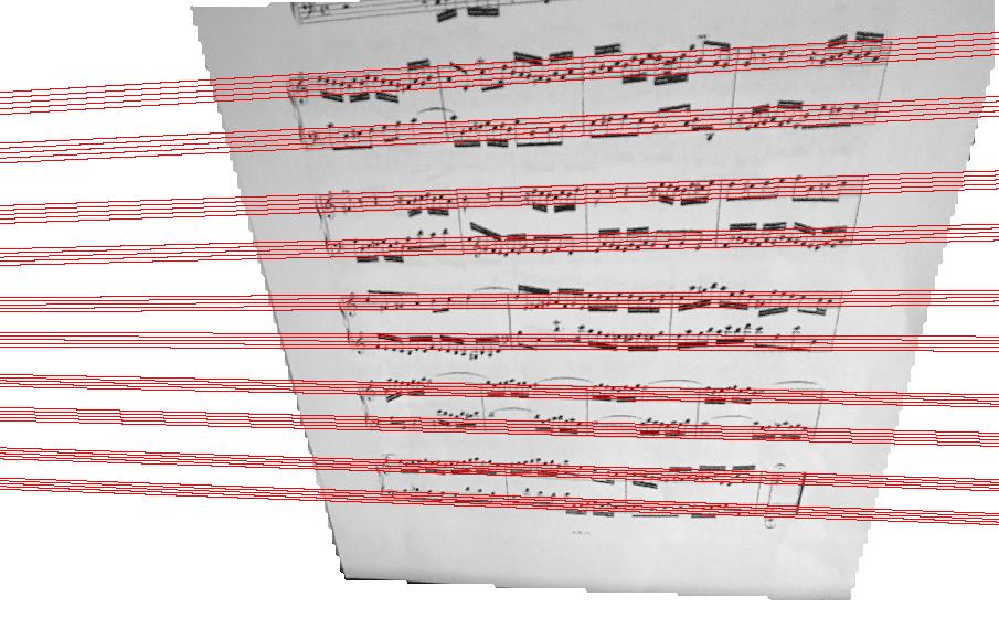 (a) Staff detection on Bach Invention No. 1 (b) Staff detection on Bach Invention No. 2 Figure 8: Detected staves on Bach Inventions No. 1-2. Background was removed after score region localization.