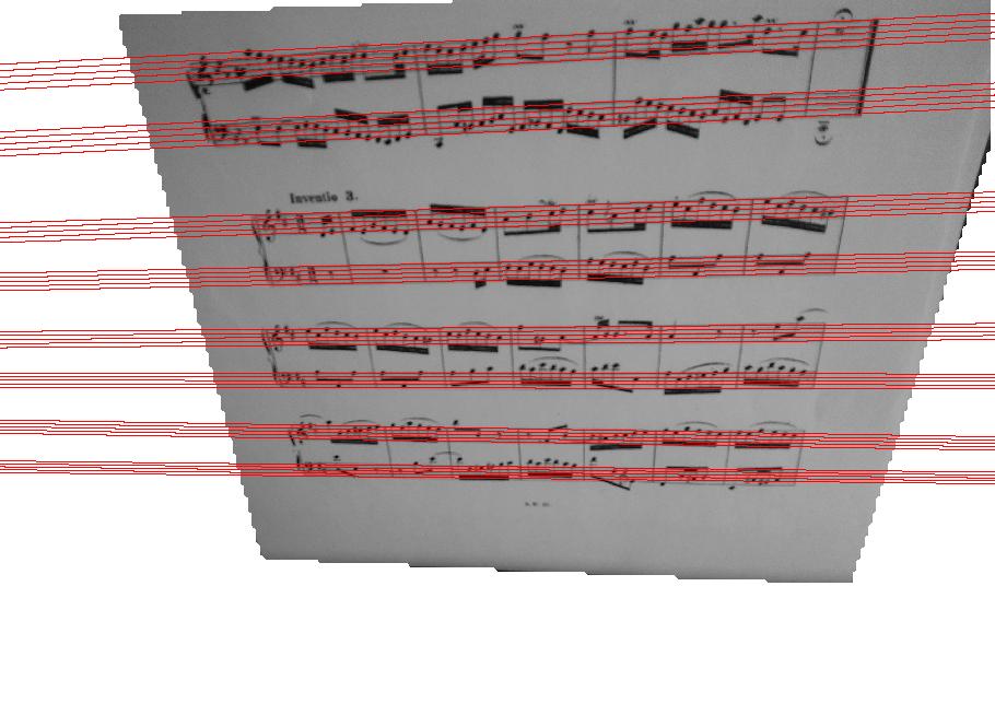 (a) Staff detection on Bach Invention No. 3 (b) Staff detection on Bach Invention in No. 4 Figure 9: Detected staves on Bach Inventions No. 3-4. Background was removed after score region localization.