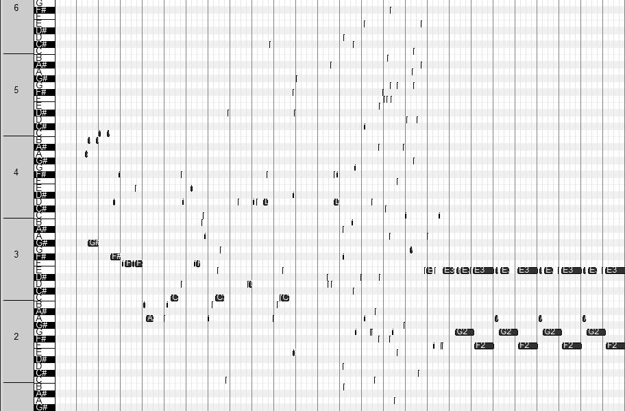Figure 13: A visualization of the predicted music using regular batch selection with stair.mid as input. The image is zoomed out in order to show more of the song.