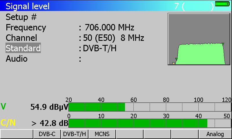Analog TV : channel 35 TV program : TF1 Saint Etienne (France) transmitter 2 nd case : digital spectrum analysis Signal level ment Channel characteristics Signal level Signal/noise ratio