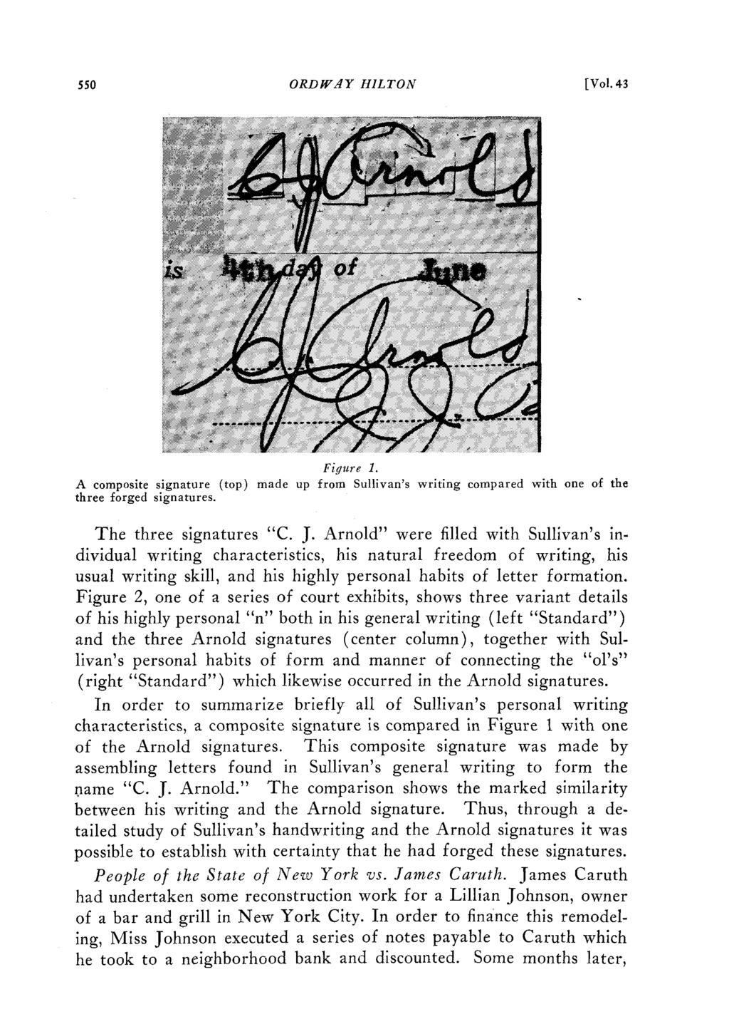 ORDW.AY HILTON [Vol. 43 A composite signature (top) three forged signatures. Figure 1. made up from Sullivan's writing compared with one of the The three signatures "C. J.