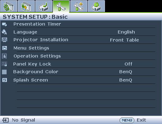 Press MENU on the projector or remote control to turn the OSD menu on. 3. Press to highlight Language and press OK. 2. Use / to highlight the SYSTEM SETUP: Basic menu. 4.