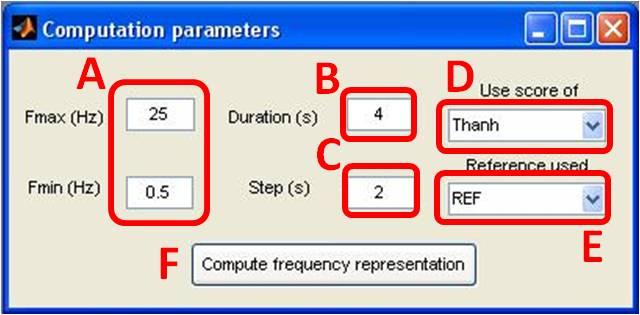 4 MAIN FUNCTIONS OF THE TOOLBOX 16 Figure 7: Spectrogram calculation GUI: A. band-pass filtering, B. time window, C. time step, D. scorer selection (if available), E. reference channel, F.