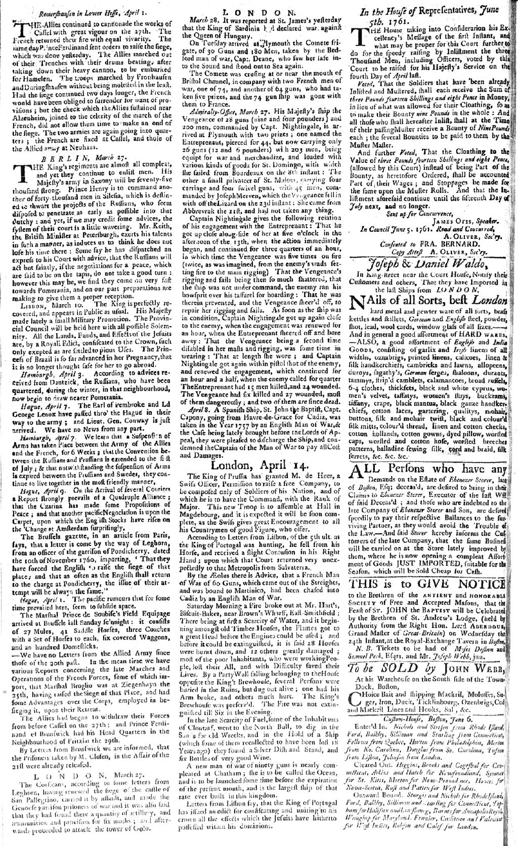 ATLANTIC HISTORY Figure 1. Green & Russell s Boston Post-Boy & Advertiser,June8,1761,p.2,withamixofparagraphs and advertisements typical of the American press during the colonial era.