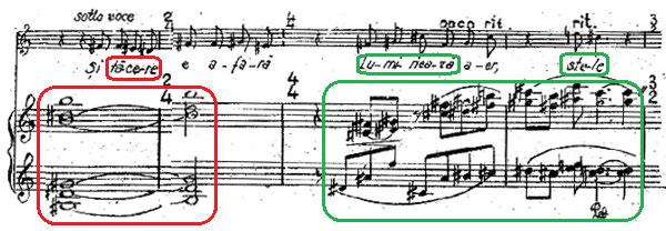The next example is focused on the particular manner of reproducing the silence by harmonic stagnation, followed by a fast rising movement towards the high register, accomplished by the pianist,