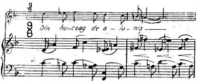 Fig. 17 F. Donceanu, La mijloc de codru des, mm. 9-10 - the lake (or rather the marsh) appears as a descendent melody which goes towards the thickest sound used in the piece (C from octave no.