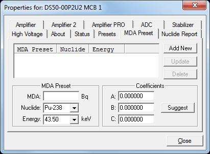932502F / 0715 4. MCB PROPERTIES IN MAESTRO where: a, b, and c are determined by the MDA criteria you choose. Counts is the gross counts in an ROI that is 2.5 FWHM around the target peak energy.
