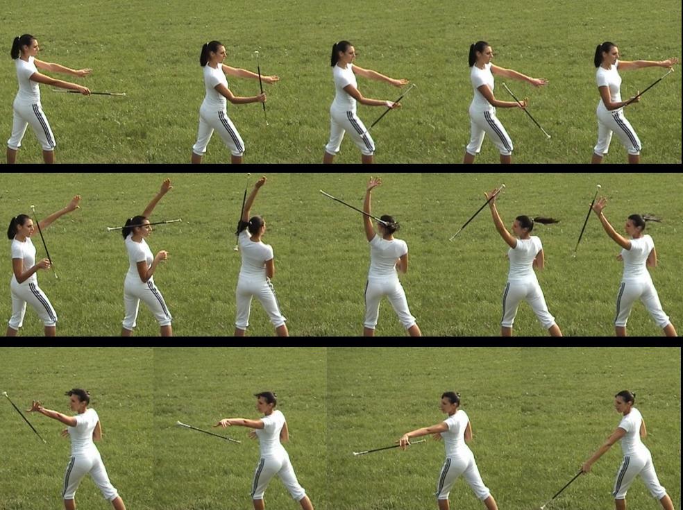 Metodični postopek: razlaga in prikaz palčni nizek met z enim obratom palice (flip) palični nizek met z enim obratom palice (flip) iz desne v levo roko za hrbtom posnemanje zdrsa palice pred telesom