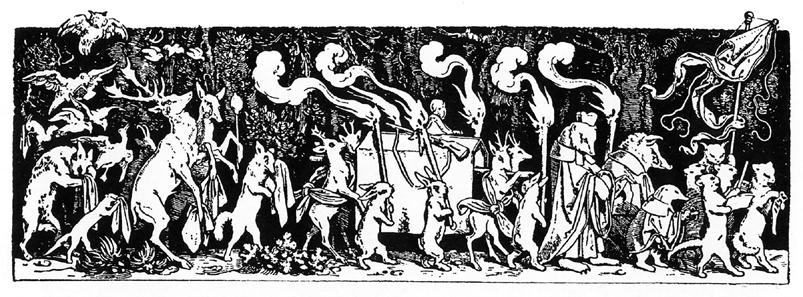 the beasts of the forest accompany the dead hunter s coffin to the grave, with hares carrying a small banner, with a band of Bohemian musicians, in front, and the procession escorted by music-making
