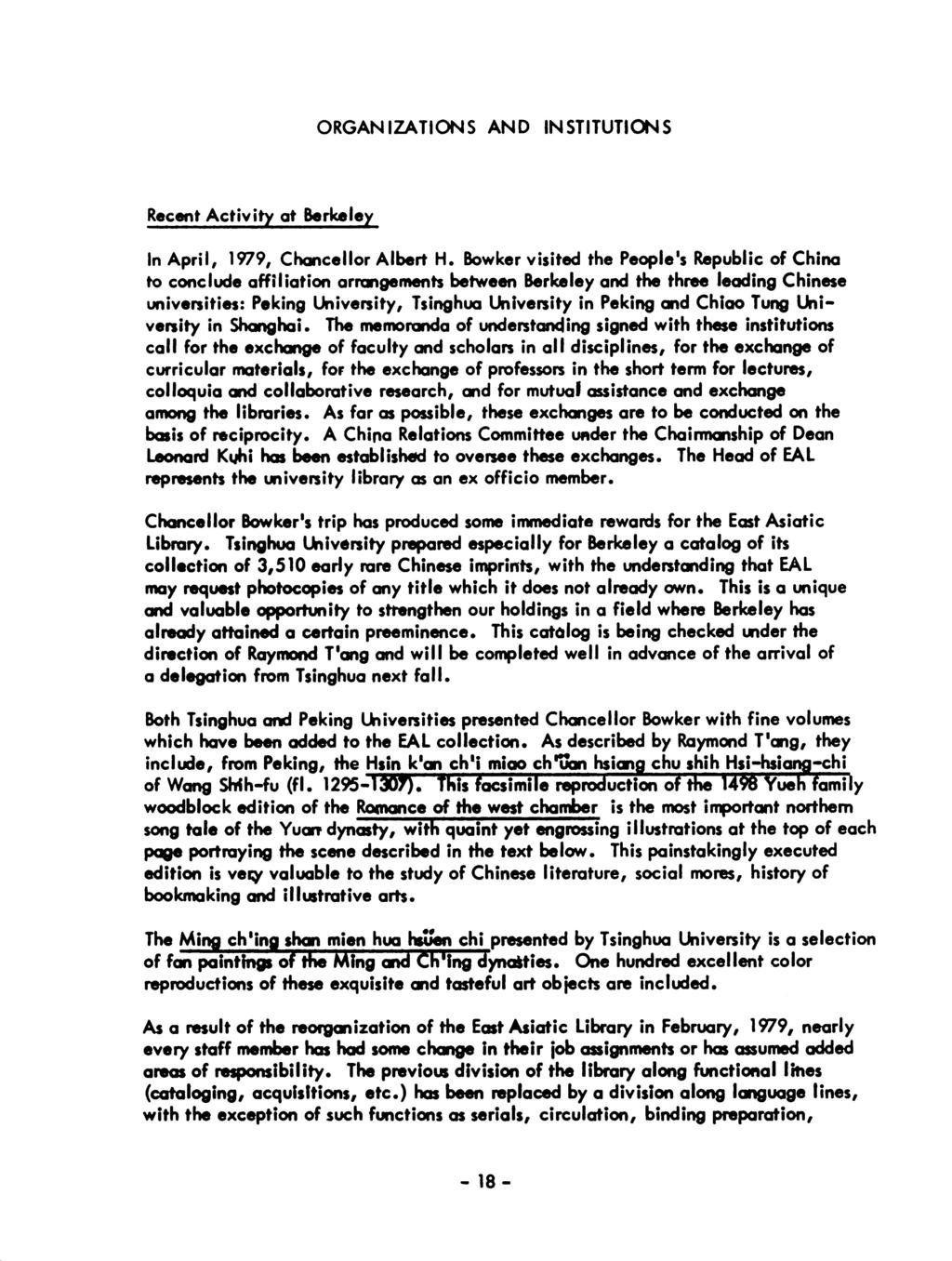 ORGANIZATIONS AND INSTITUTIONS Recent Activity of Berkeley In A p r i l, 1979, Chancellor Albert M.