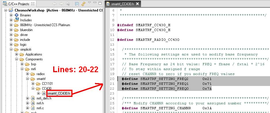 Code Modify RF settings Open file smartrf_cc430.