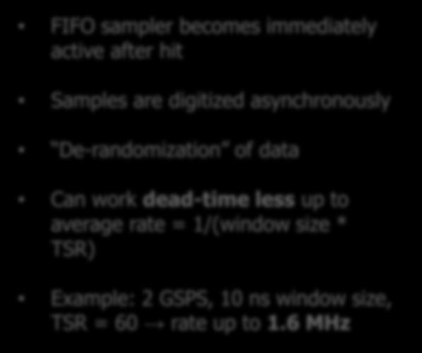 FIFO-type analog sampler digitization FIFO sampler becomes immediately active after hit Samples are digitized asynchronously De-randomization
