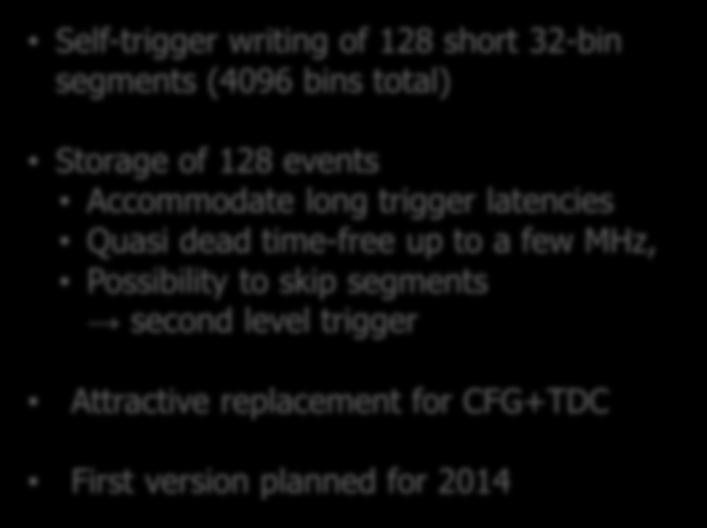Plans DRS5 (PSI) Self-trigger writing of 128 short 32-bin segments (4096 bins total) FPGA read pointer digital readout