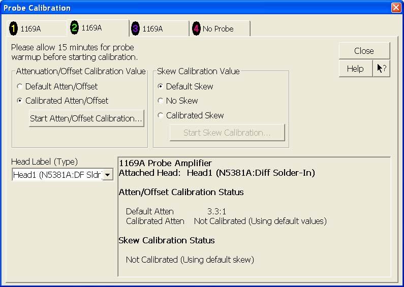 13 Calibrating the Infiniium Oscilloscope and Probe 4 In the Probe Calibration dialog box, select the Calibrated Atten/Offset radio button. 5 Select the Start Atten/Offset Calibration.