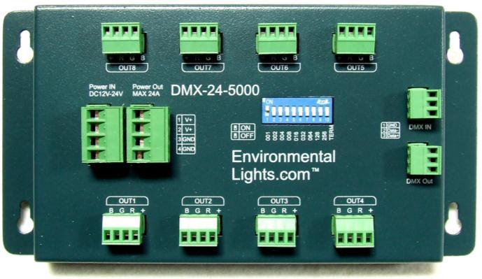 DMX-24-5000 Features Like the DMX-4-5000, the DMX-24-5000 has an output frequency of 5,000 Hertz, which is high enough to avoid the appearance of flickering that can occur with high speed iris