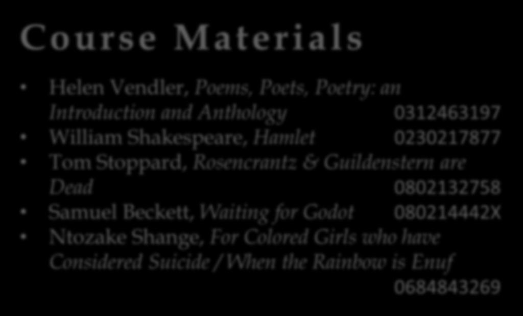 Course Materials Helen Vendler, Poems, Poets, Poetry: an Introduction and Anthology 0312463197 William Shakespeare, Hamlet 0230217877 Tom Stoppard, Rosencrantz & Guildenstern are Dead 0802132758