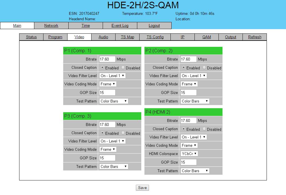 HDE-H/S-QAM. "Main > Video" Screen The Main > Video screen (Figure.) is a user-configurable screen to select the video encoder parameters for each input program: 6 7 Figure.