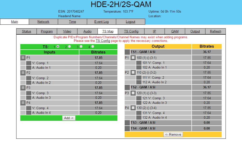 8 HDE-H/S-QAM.6 "Main > TS Map" Screen The Main > TS Map screen (Figure.6) is a read and write screen to assign programs to TS(s): Figure.