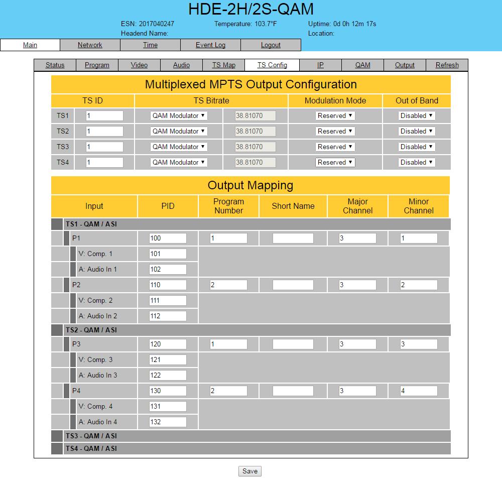 0 HDE-H/S-QAM.7 "Main > TS Config" Screen (continued) 6 7 8 9 0 Figure.7 - "Main > TS Config" Screen Modulation Mode: user can select the modulation mode.