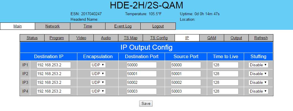 HDE-H/S-QAM.8 "Main > IP" Screen The Main > IP screen (Figure.8) is a read and write screen to assign the IP parameters for the TS: 6 Figure.