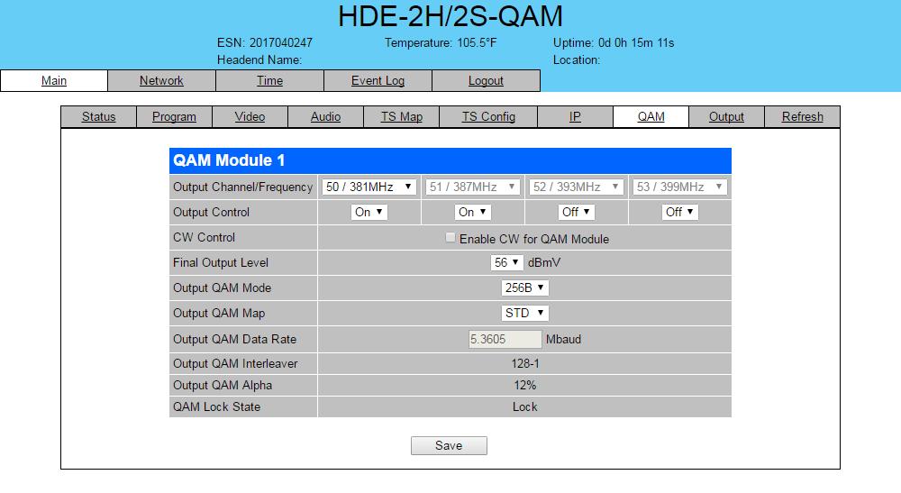 HDE-H/S-QAM.9 "Main > QAM" Screen The Main > QAM screen (Figure.9) is a read and write screen to assign the QAM parameters to the TS: 6 7 8 9 0 Figure.