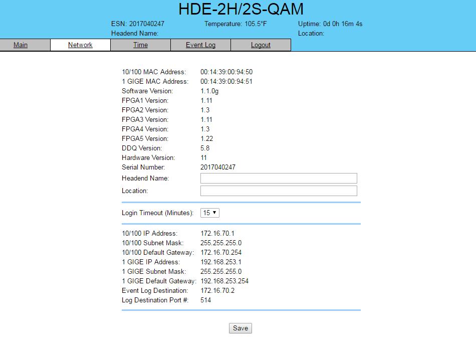 6 HDE-H/S-QAM. "Network" Screen The Network screen (Figure.) is a read and write screen where the following parameters are displayed or configured: 6 7 8 9 0 6 7 8 Figure.