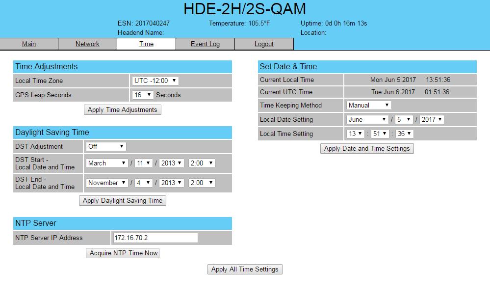 0 HDE-H/S-QAM. "Time" Screen The Time screen (Figure.) is a read and write screen that allows you to set the current date and time for the Unit.