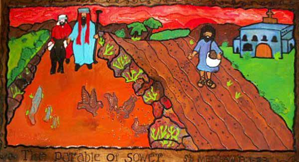 The Parable of the Sower by Carl Dixon. Mixed media on sculpted wood panel. Copyright Carl Dixon/Koelsche Gallery. cross.