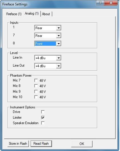 11.3 Settings Dialog Gain Inputs Input selection for the channels 1, 7 and 8. Channel 1 can be the front instrument input, or the rear TRS jack, or both simultaneously.