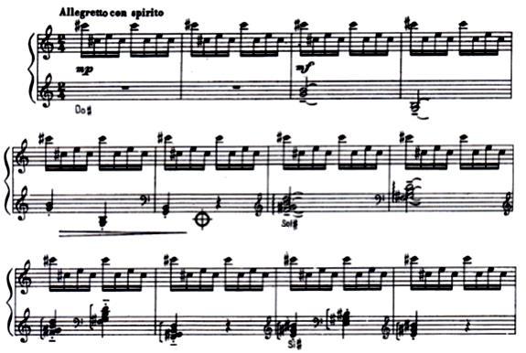 Example 21: Prelude II (mm 1-5) Throughout the third prelude, Allegretto con spirito, the right hand must keep the fast accompaniment light and steady, while