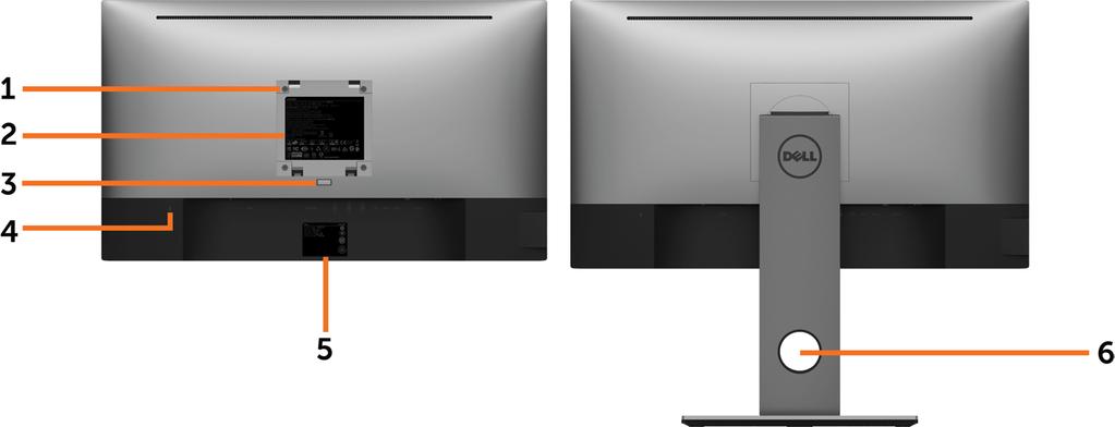 Pogled pozadi Etiketa Opis Korišćenje 1 VESA rupice za montiranje (100 mm x 100 mm-iza prikačenog VESA poklopca) Montirajte monitor na zid, koristeći VESAkompatibilan komplet za montiranje