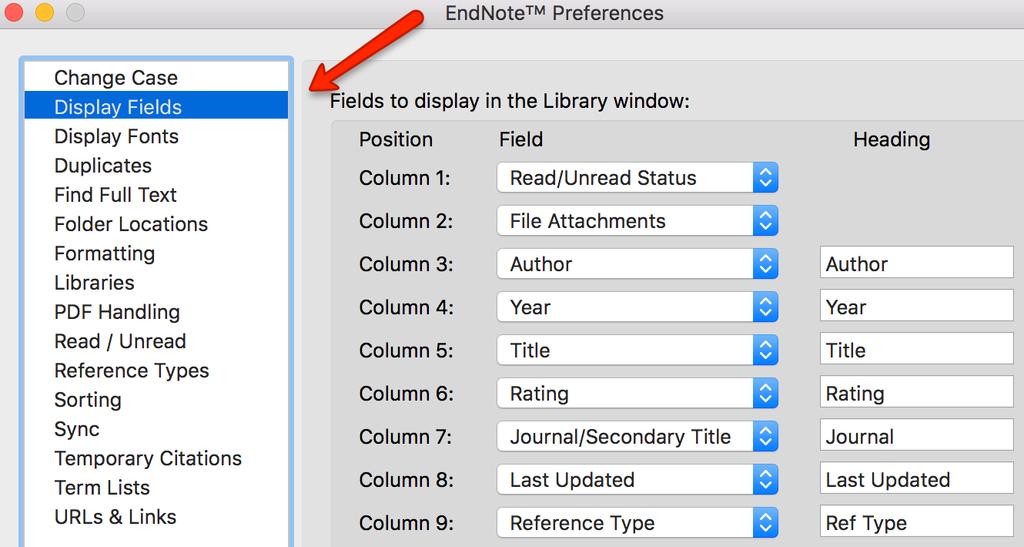 Customise the Appearance of your EndNote Library The fields displayed can be changed according to your own preferences. Go to EndNote X8 Preferences and choose Display Fields.