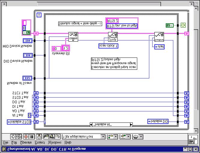 Frame 2: Initialize AI This frame configures the single-buffered analog input to be clocked by the response pulses (RTSI 2) and arms the analog input operation to start as soon as that line begins