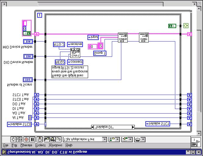 Frame 4: Initialize DI This frame sets up a single-buffered digital input operation clocked by the response pulses on RTSI 2. In RTSI Control.