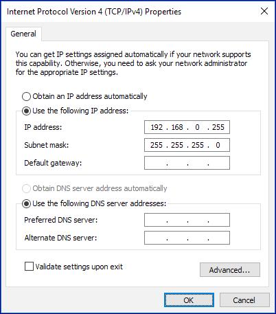 Calibration Method Comparison 112 Next, enter a temporary IP address for the PC, such as 192.168.0.255 and a subnet mask of 255.255.255.0. Click OK and close the Network Settings.