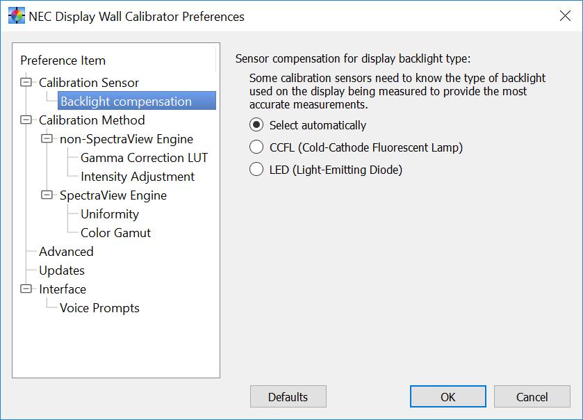 Dialogs, Settings and Menus 54 Preferences dialog - Backlight Compensation Sensor compensation for display backlight type - Some calibration sensors need to know the type of backlight used, on the
