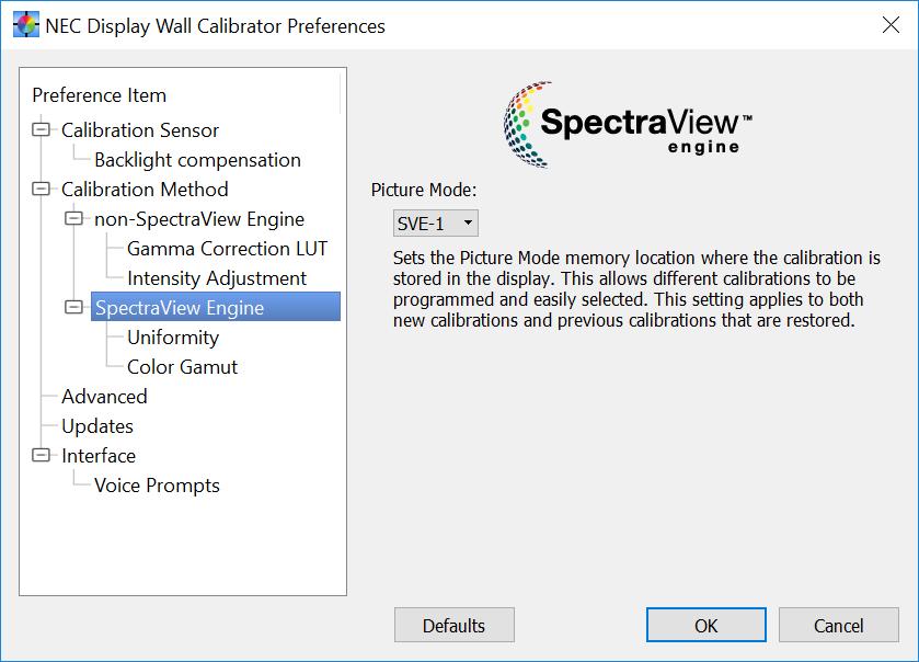 Dialogs, Settings and Menus 59 Preferences dialog - SpectraView Engine Picture Mode - Sets the Picture Mode memory location where the calibration is stored in the display.