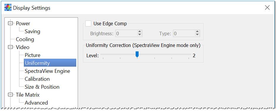 Display Settings dialog - Video panel - Uniformity settings The Use Edge Comp controls adjust the edge mura compensation settings in the display (if supported).