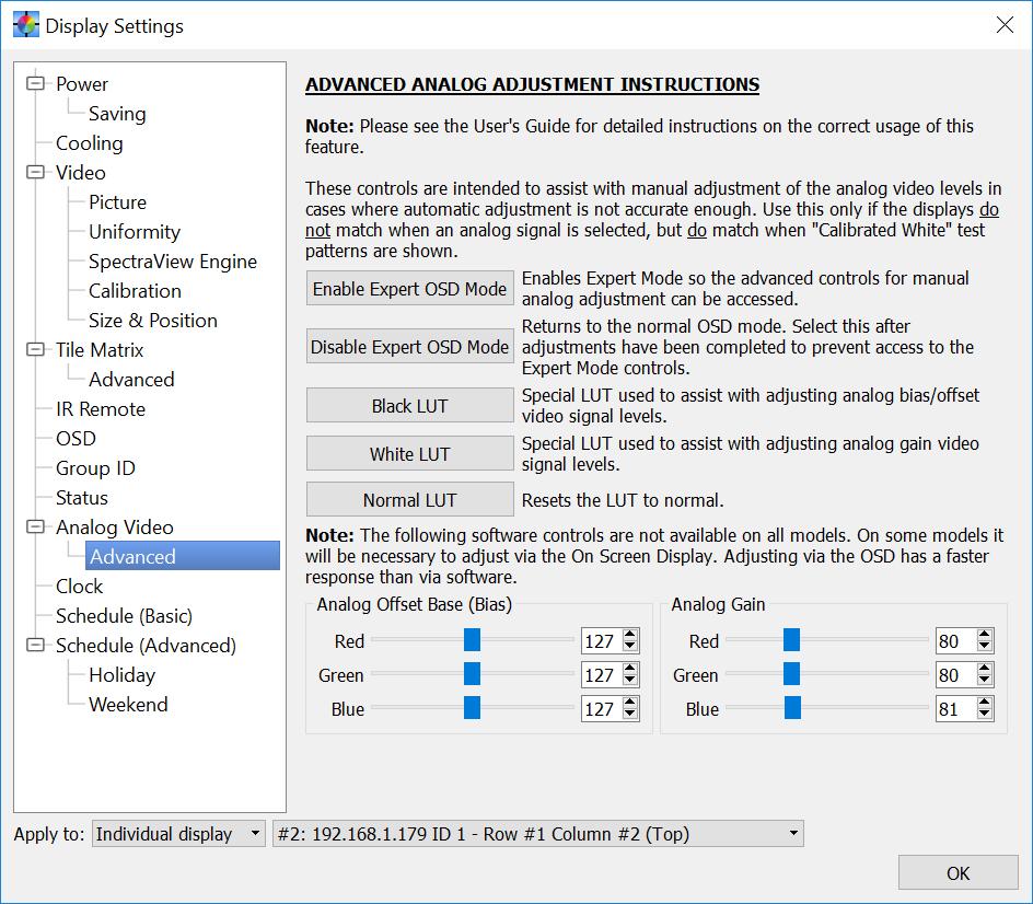 Dialogs, Settings and Menus 87 Display Settings dialog - Analog Video panel - Advanced settings This advanced feature should only be used in cases where: y The Calibrated White test patterns match