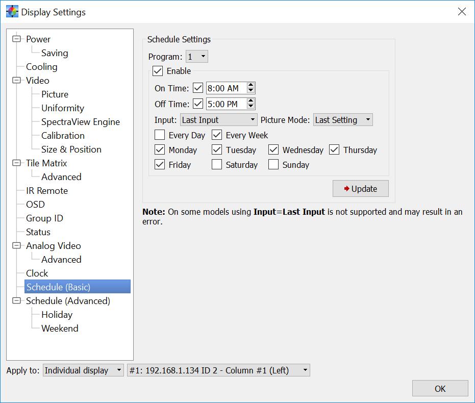 Dialogs, Settings and Menus 89 Display Settings dialog - Schedule (Basic) panel The Schedule (Basic) panel is used to set the schedule function in the display.